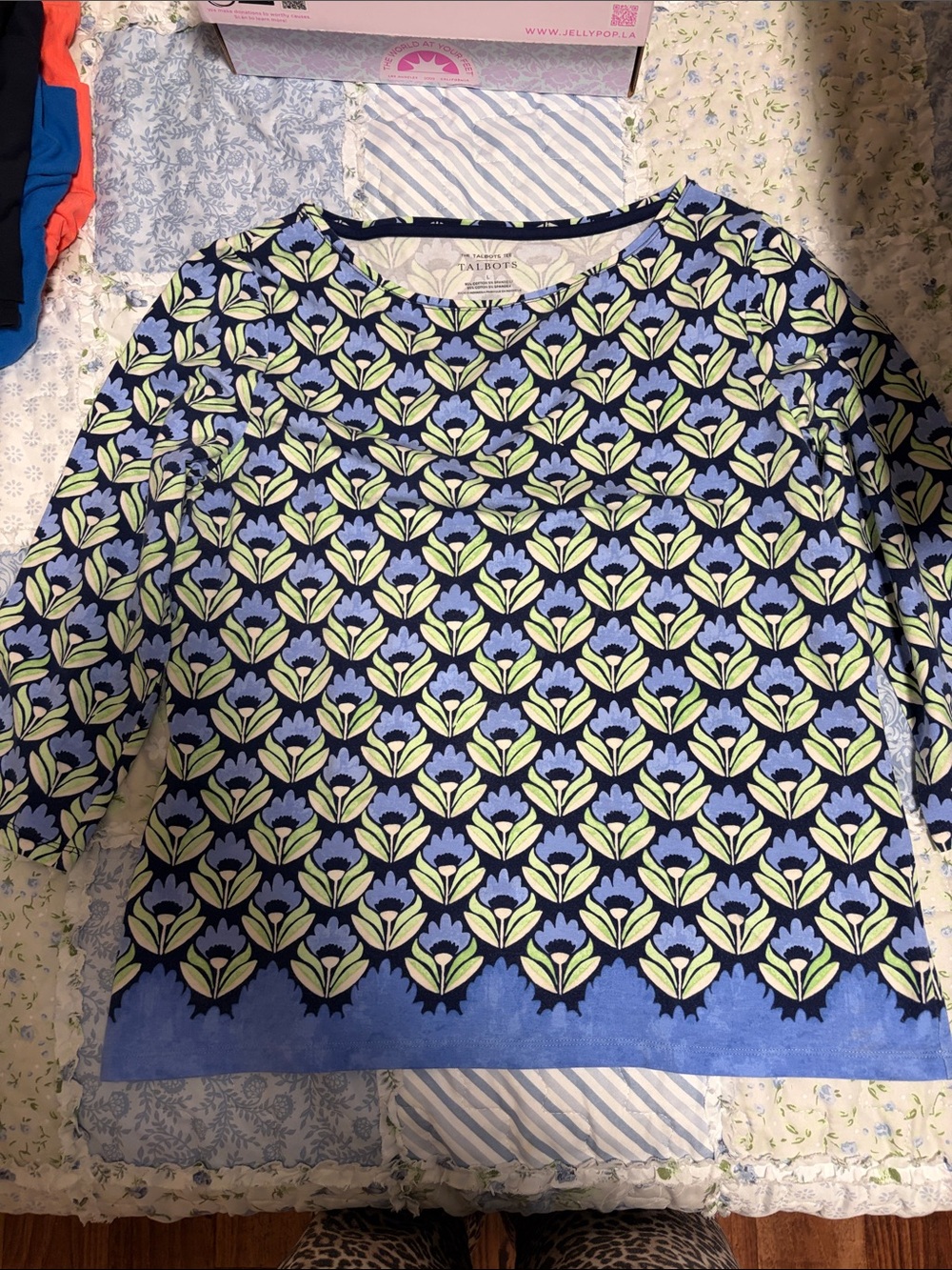 Talbots Navy, Light Blue & Lime Floral-Pattern Long-Sleeve Top